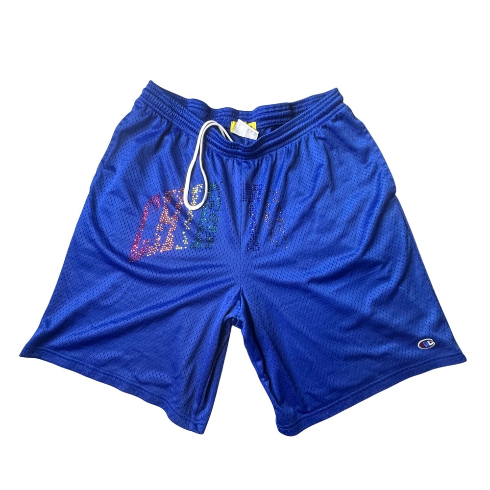 Chinatown Market Shorts Mens M Blue Champion Mesh Rhinestone Streetwear Athletic